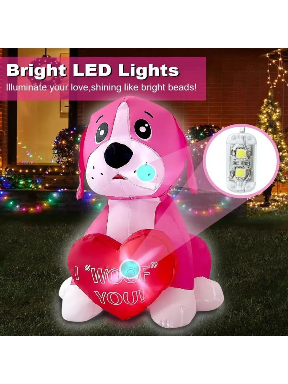 Pink Dog Inflatable with Heart - 4ft LED Lighted Decor for Mother's Day